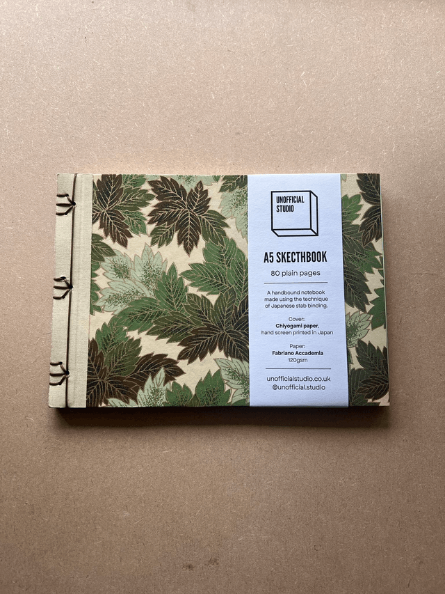 A5 Sketchbook — Green autumn leaves — 120gsm plain paper